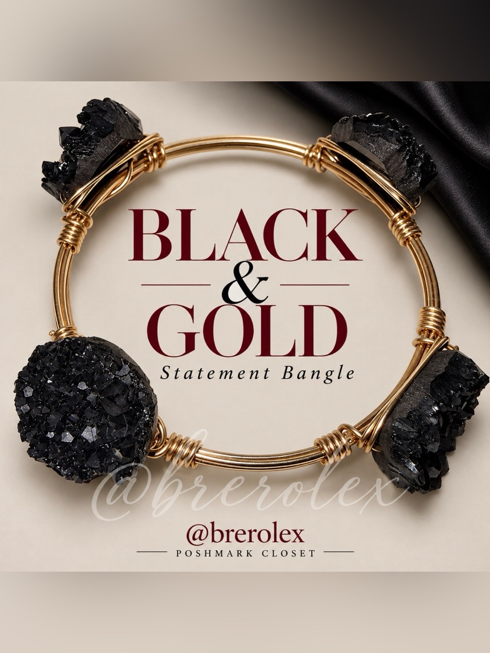 SUGAR Black Faux Druzy-Look Gold-Tone Wire-Wrapped Statement Bangle Bracelet